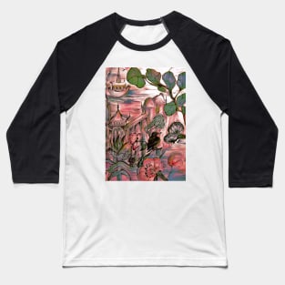 PINK ORIENTAL  ASIAN ART POSTER FLORAL BIRD PAGODA DECO DESIGN PRINT Baseball T-Shirt